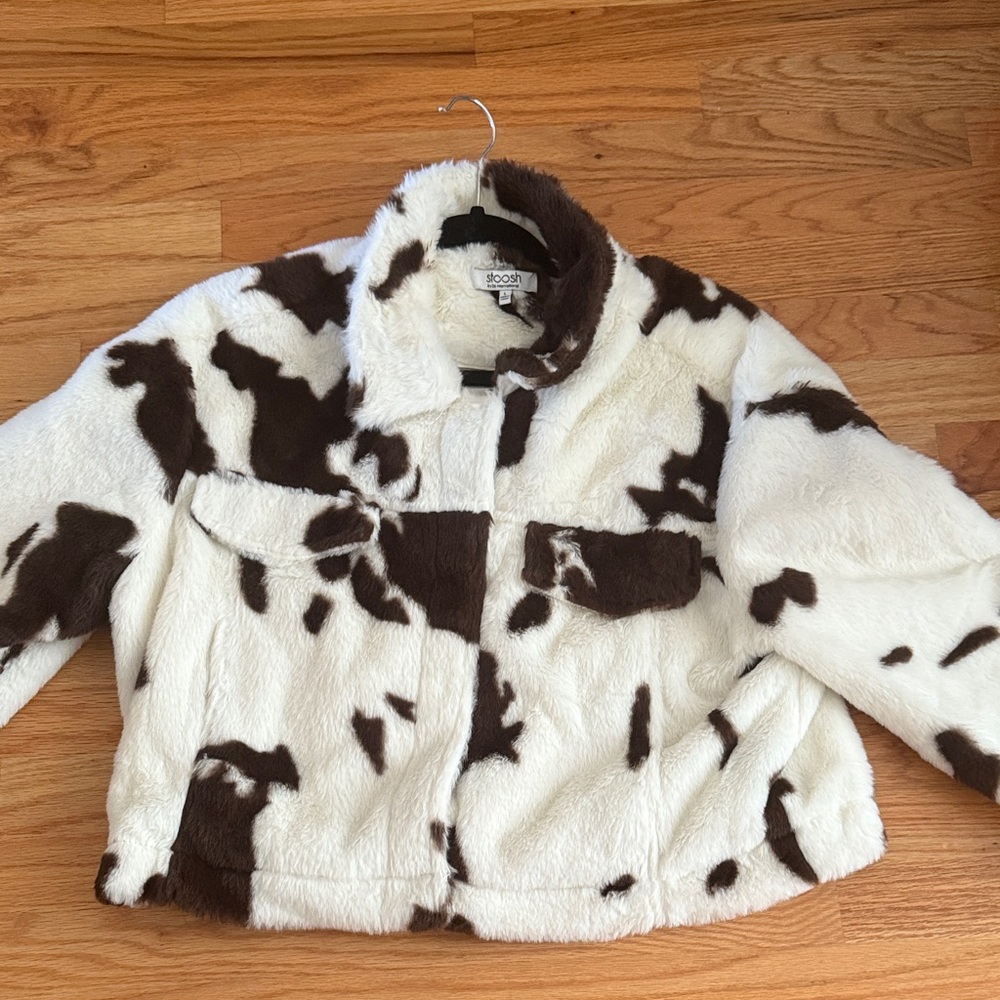 Stoosh Women's Faux Fur Cow Print Jacket - Brown and White